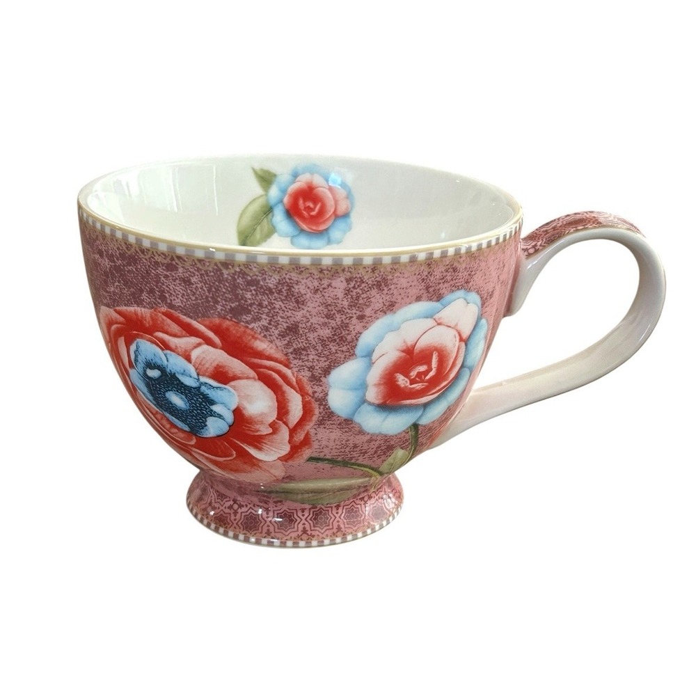 Potter's Studio Coffee Tea Cup Pink Floral Wide Pedestal Cottage Shabby Chic